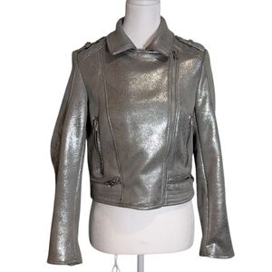 Zara TrF Outwear Silver Metallic Women's Moto Jacket Size Small